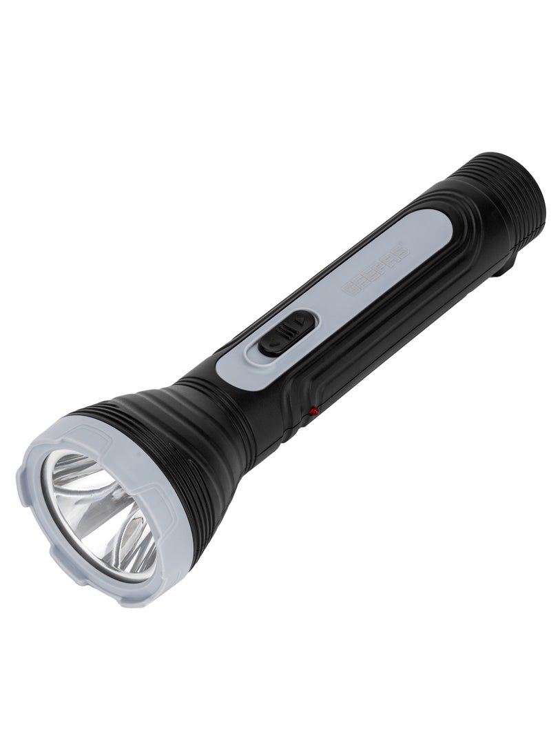 GEEPAS - Rechargeable LED Torch, Sturdy Housing with Big LED Chip with Aluminum Reflective Cup, Shell Ripple Pattern/ 4 Hours Working Time, Lead-Acid Battery/ Compact Design, Perfect for Indoor and Outdoor Use - Image 1