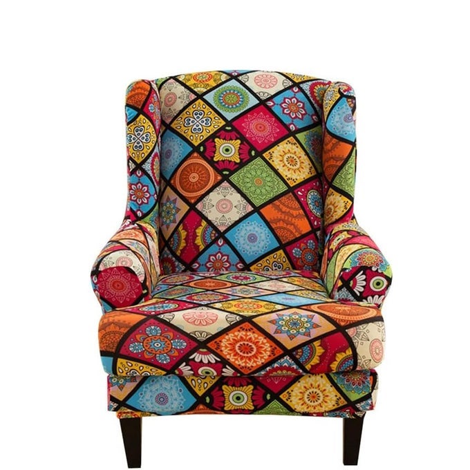 WINGBACK CHAIR COVERS 2 PIECE STRETCH WING CHAIR SLIPCOVER WASHABLE SPANDEX FABRIC SOFA COVER FURNITURE PROTECTOR FOR ARMCHAIR CHAIRS LIVING ROOM BEDROOM HOTEL MANDALA