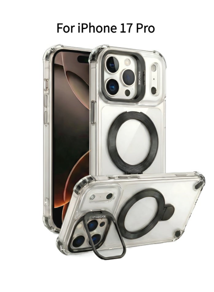 غطاء iPhone 17 Pro شفاف مقاوم للاصفرار - مواصفات عسكرية - متوافق مع MagSafe - مع حامل معدني وأنيق للمكالمات المرئية المكتبية (أسود) - Image 1