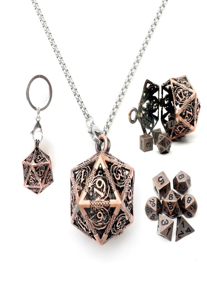 Haxtec Mini Metal DND Dice Set with Hollow Necklace Dice Case Antique Tiny Metal Dice Set D&D Keychain Portable 7PCS Dice Set - Image 1