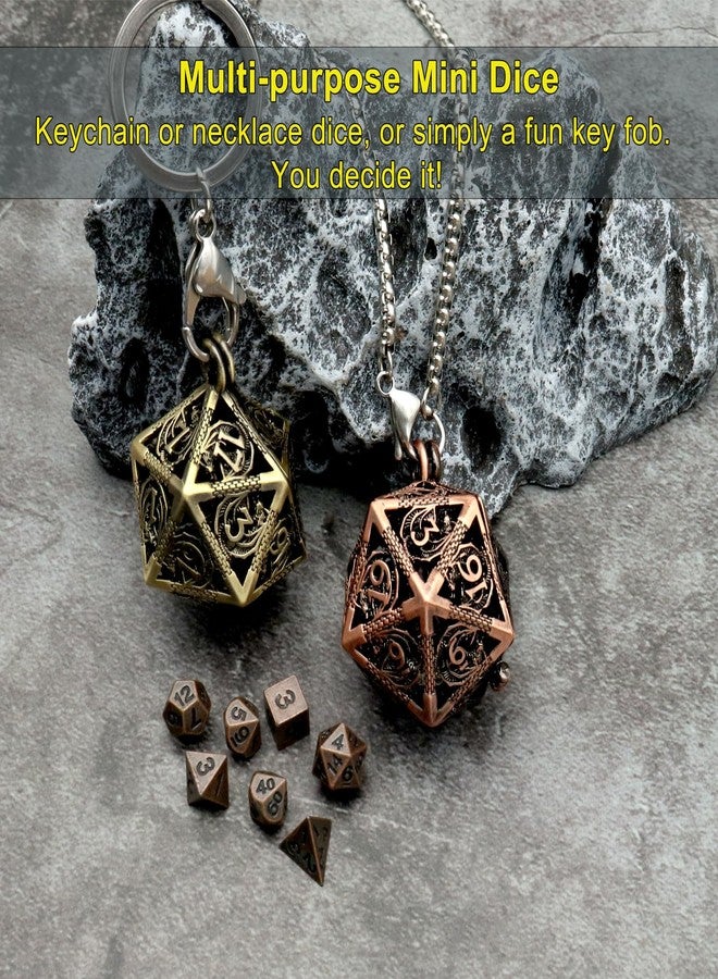 Haxtec Mini Metal DND Dice Set with Hollow Necklace Dice Case Antique Tiny Metal Dice Set D&D Keychain Portable 7PCS Dice Set - Image 2
