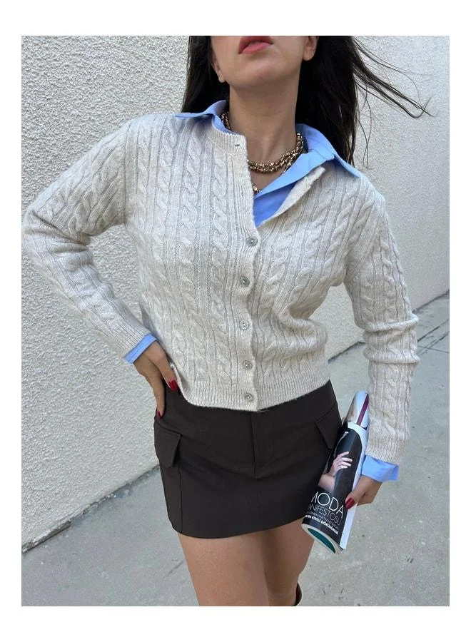 mina aise Women's Beige Braided Stone-Buttoned Short Cardigan 30033.