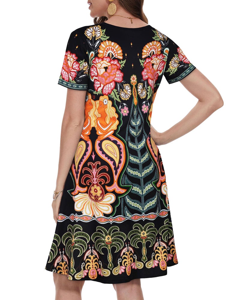 elescat Sun Dress Cotton Loose Fit Short Sleeve Sundress Women Fashion Swing Tunic Dress (Yellow Flower,XL) - Image 5
