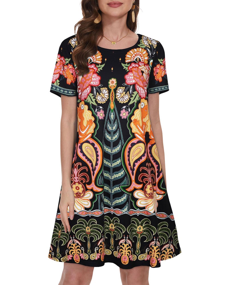 elescat Sun Dress Cotton Loose Fit Short Sleeve Sundress Women Fashion Swing Tunic Dress (Yellow Flower,XL) - Image 3