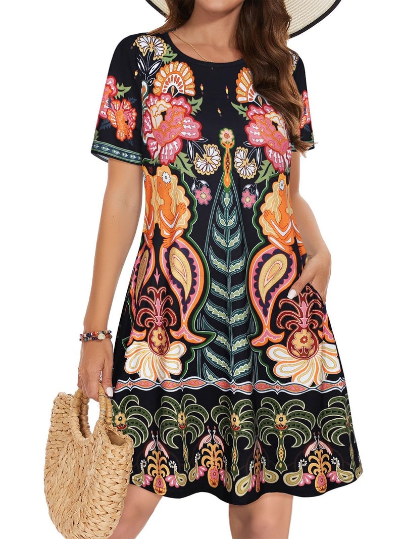 elescat Sun Dress Cotton Loose Fit Short Sleeve Sundress Women Fashion Swing Tunic Dress (Yellow Flower,XL) - Image 1