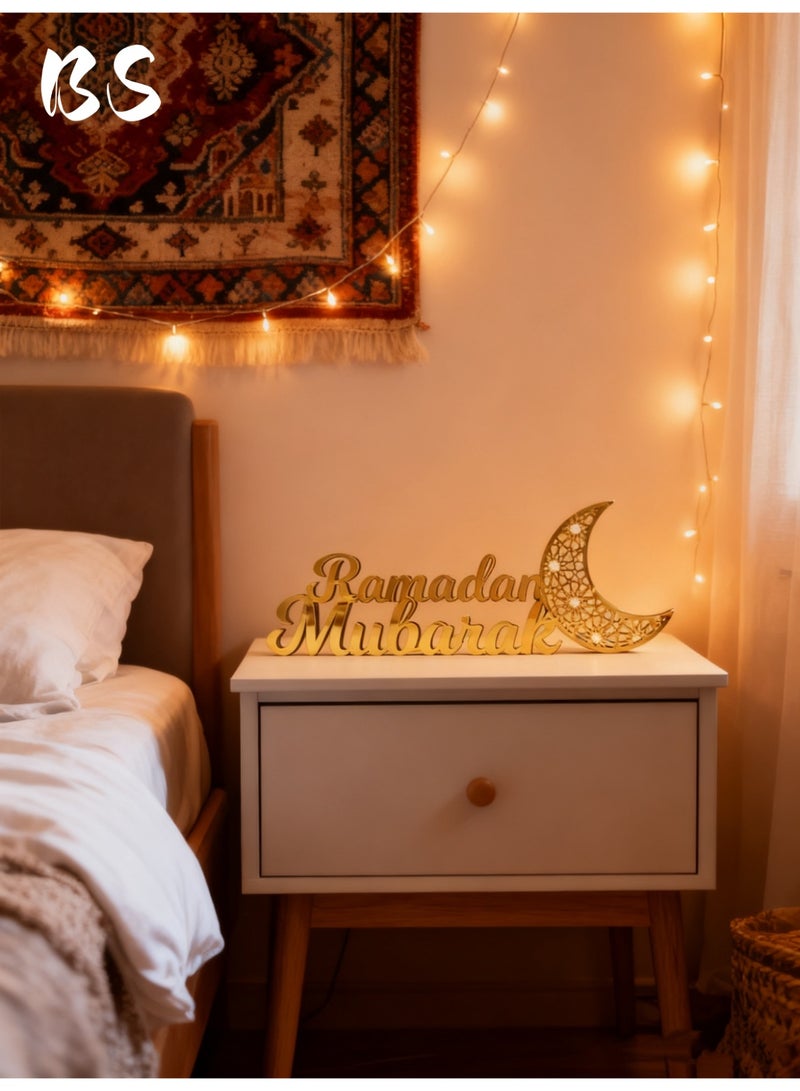 بي إس لافتة زينة لعيد الفطر المبارك 2026 | مصنوعة من الخشب والأكريليك | تصميم هلال ومسجد | زينة طاولة على الطراز الإسلامي | حروف ثلاثية الأبعاد باللون الذهبي | مثالية لتزيين المنزل وحفلات العشاء في الأماكن المغلقة - Image 2