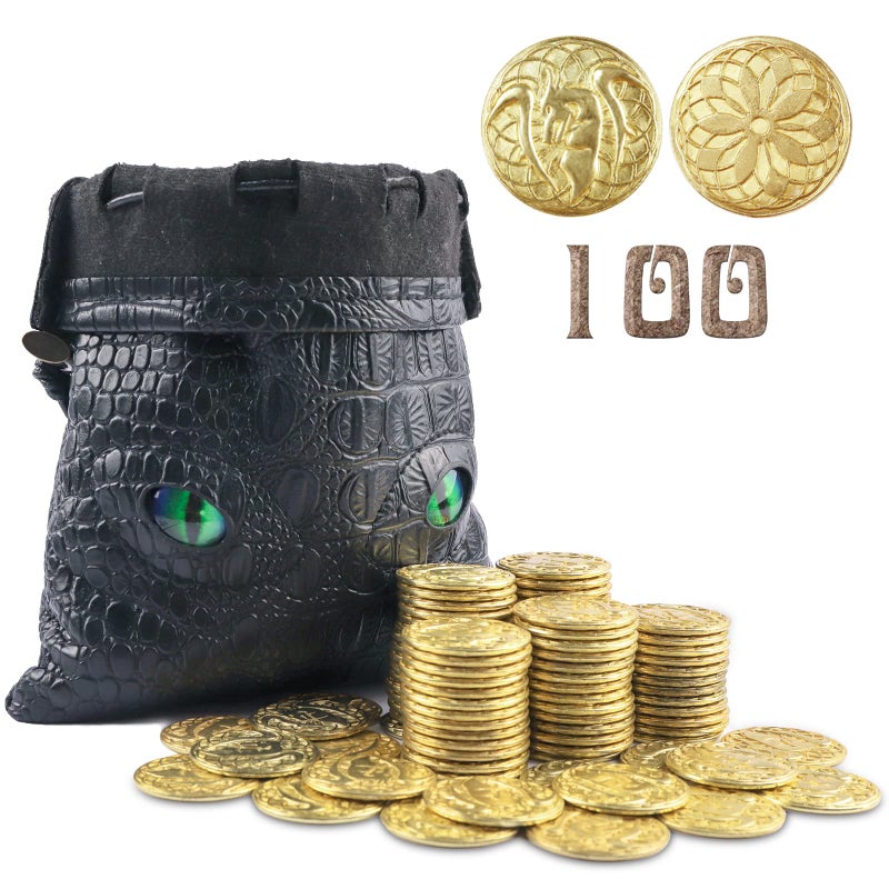 Byhoo 100 Metal Fantasy Coins with PU Fake Leather Pouch Gold DND Coins for Board Game Golden Game Tokens Store in The Coins Bag DND Accessories for from New to Master Retro Board Game Gifts for DM - Image 3