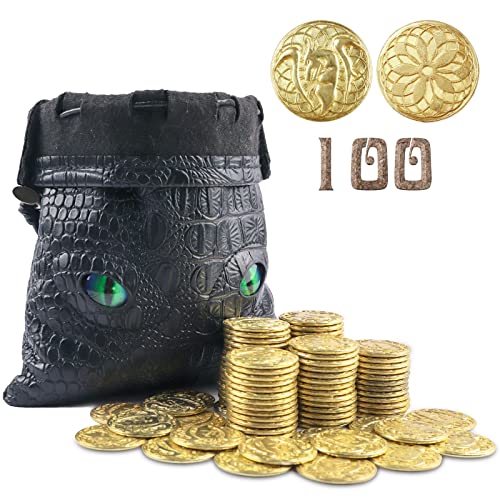 Byhoo 100 Metal Fantasy Coins with PU Fake Leather Pouch Gold DND Coins for Board Game Golden Game Tokens Store in The Coins Bag DND Accessories for from New to Master Retro Board Game Gifts for DM - Image 1