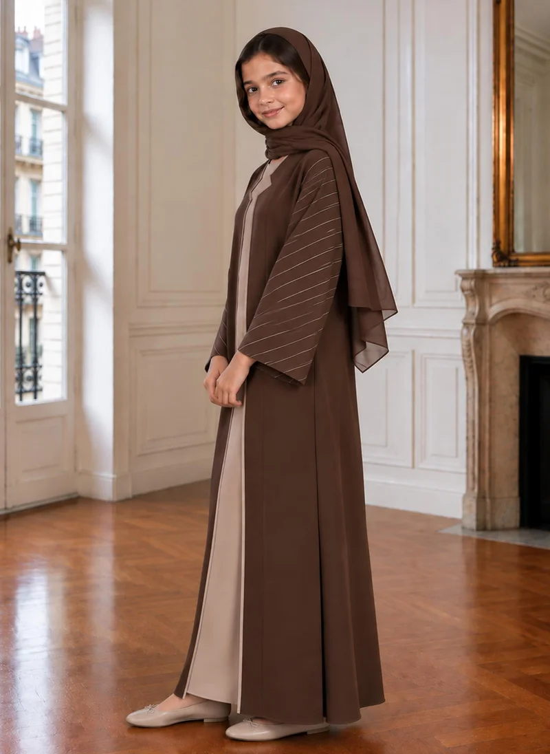 MSquare Fashion Chocolate Brown Girls Abaya with Beige Inner Dress & Matching Hijab | Kids Abaya UAE