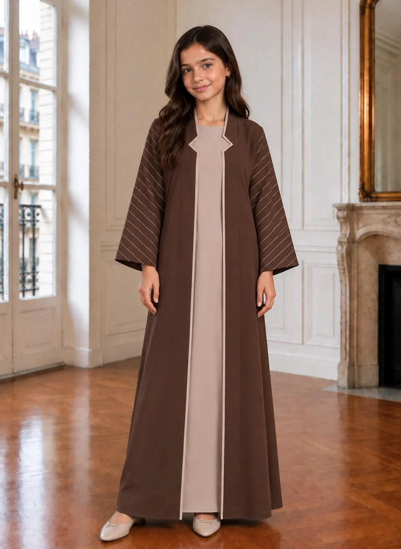MSquare Fashion Chocolate Brown Girls Abaya with Beige Inner Dress & Matching Hijab | Kids Abaya UAE