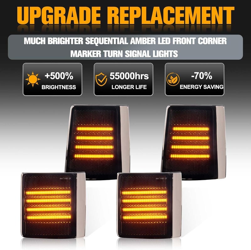 Gempro Sequential Amber LED Corner Side Marker Turn Signal Lights for 1995-1999 GMC Truck Suburban C/K 1500 2500 3500 Yukon, 4PCS (Smoked Lens) - Image 2