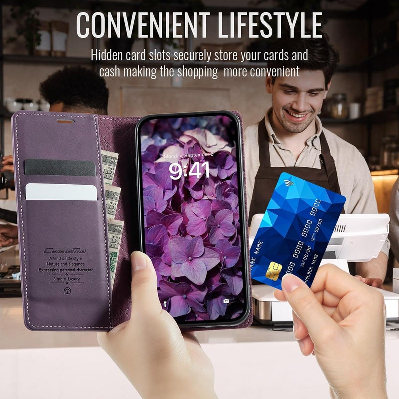 حافظة هاتف لأيفون 17، مصنوعة من جلد PU عالي الجودة [مانعة للتشويش الراديوي RFID]، تحتوي على فتحة للبطاقات ووظيفة وقوف، حافظة جلدية، حافظة للهاتف، غطاء لأيفون 17، لون بنفسجي - Image 4