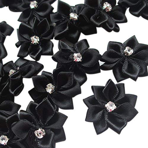 Chenkou Craft Black 40pcs 28mm(1 1/8") Ribbon Flowers Bows Rhinestone Wedding Ornament Appliques - Image 1