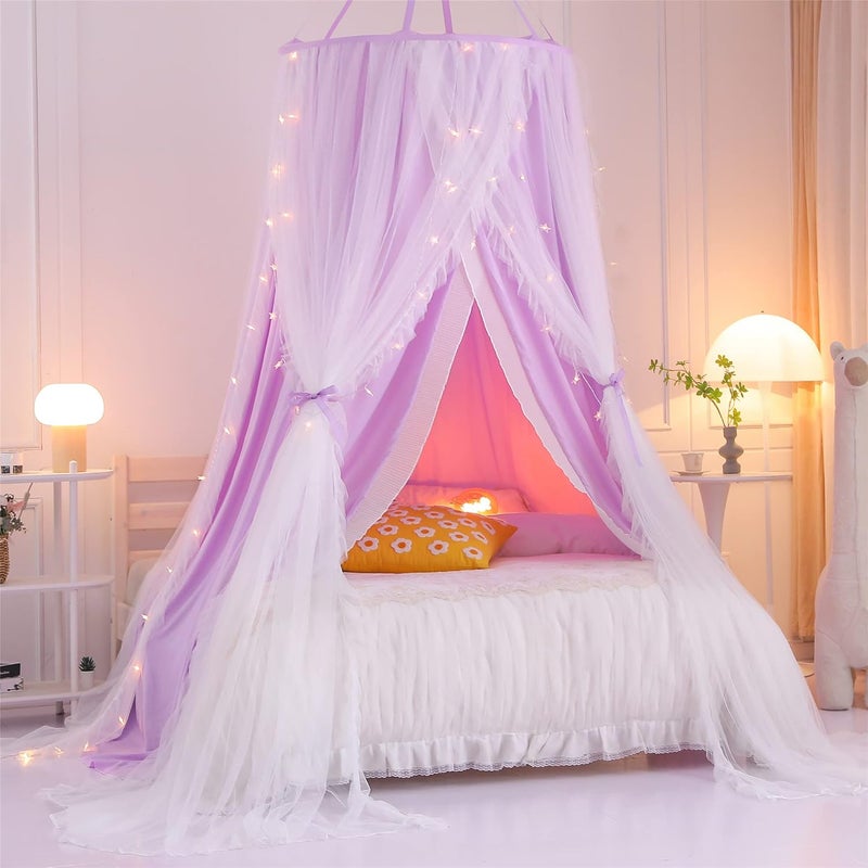 VETHIN Double Layer Princess Round Dome Canopy Bed Curtain for Girls Adults,Children Dreamy Mosquito Net,Cute Bedroom Decoration Castle Play Tent Reading Nook Canopies(Dome-Purple/White) - Image 5