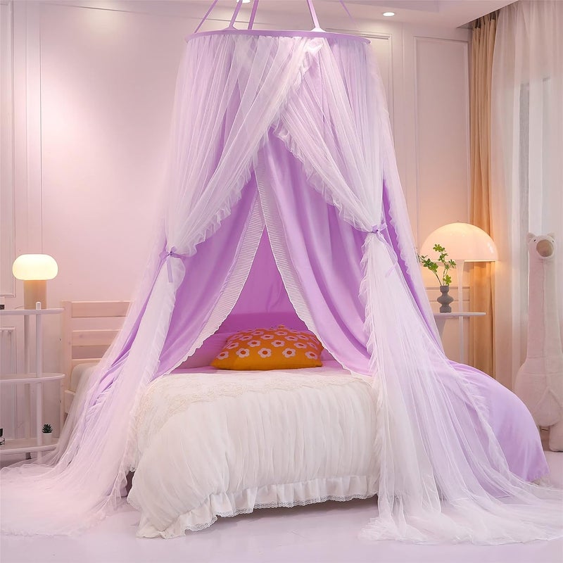 VETHIN Double Layer Princess Round Dome Canopy Bed Curtain for Girls Adults,Children Dreamy Mosquito Net,Cute Bedroom Decoration Castle Play Tent Reading Nook Canopies(Dome-Purple/White) - Image 2