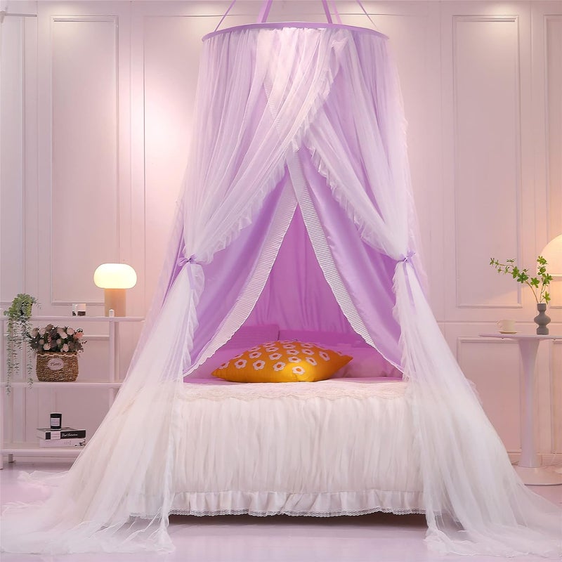 VETHIN Double Layer Princess Round Dome Canopy Bed Curtain for Girls Adults,Children Dreamy Mosquito Net,Cute Bedroom Decoration Castle Play Tent Reading Nook Canopies(Dome-Purple/White) - Image 3