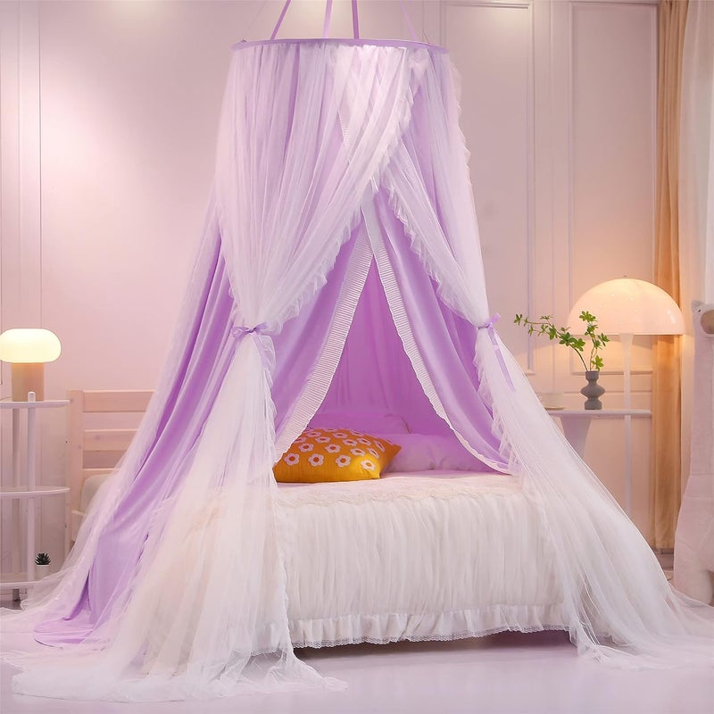 VETHIN Double Layer Princess Round Dome Canopy Bed Curtain for Girls Adults,Children Dreamy Mosquito Net,Cute Bedroom Decoration Castle Play Tent Reading Nook Canopies(Dome-Purple/White) - Image 1