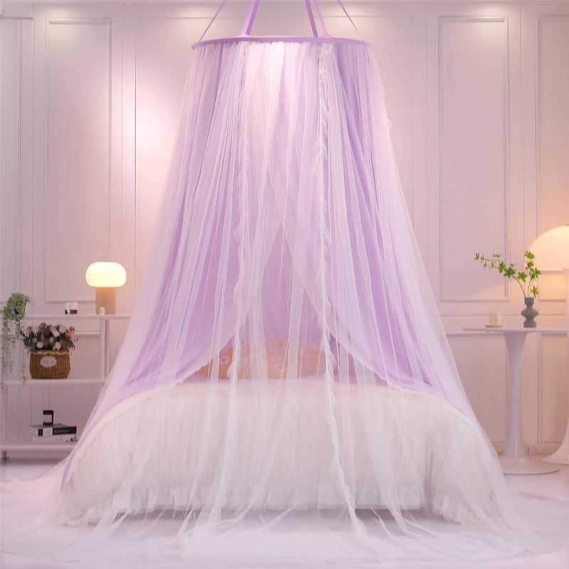 VETHIN Double Layer Princess Round Dome Canopy Bed Curtain for Girls Adults,Children Dreamy Mosquito Net,Cute Bedroom Decoration Castle Play Tent Reading Nook Canopies(Dome-Purple/White) - Image 4