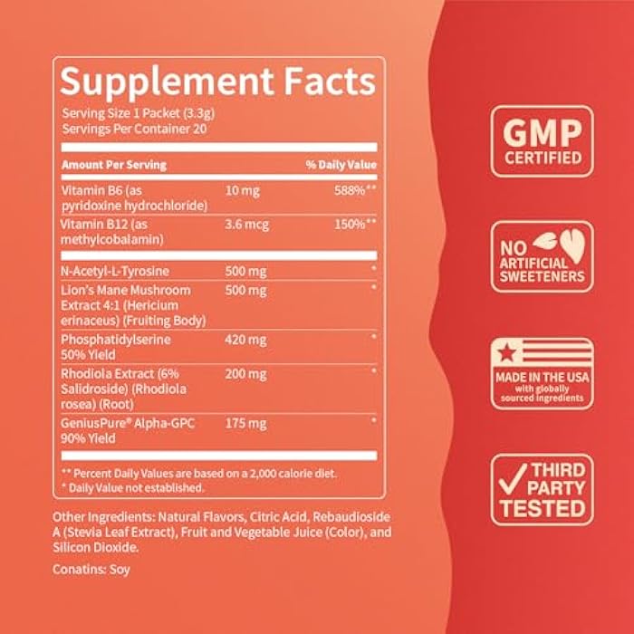 Nello Superfocus Focus Drink Mix – Fruit Punch Flavor – Alpha GPC, Lion’s Mane, Rhodiola & N-Acetyl L-Tyrosine – Sugar-Free, On-the-Go Packets – 20 Servings - Image 4
