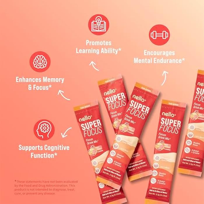 Nello Superfocus Focus Drink Mix – Fruit Punch Flavor – Alpha GPC, Lion’s Mane, Rhodiola & N-Acetyl L-Tyrosine – Sugar-Free, On-the-Go Packets – 20 Servings - Image 2