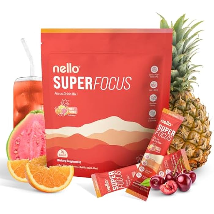 Nello Superfocus Focus Drink Mix – Fruit Punch Flavor – Alpha GPC, Lion’s Mane, Rhodiola & N-Acetyl L-Tyrosine – Sugar-Free, On-the-Go Packets – 20 Servings - Image 1
