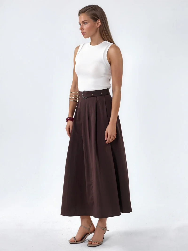 بوسيم BUSEM Belted A-Line Midi Dress with Crew Neck