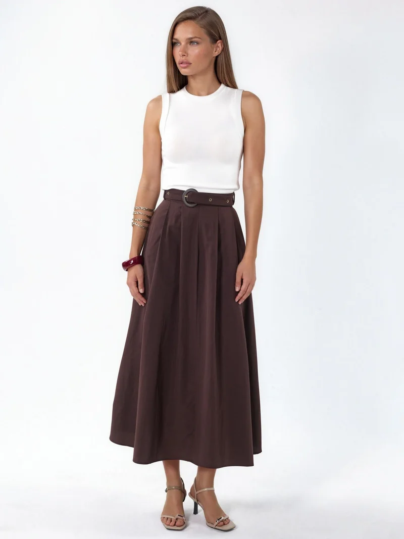 بوسيم BUSEM Belted A-Line Midi Dress with Crew Neck