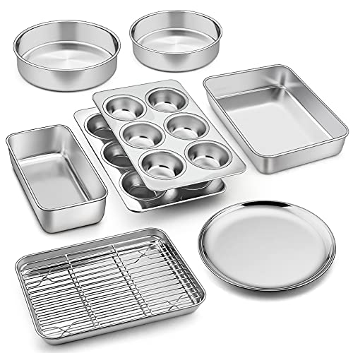 P&P CHEF 9 Pcs Bakeware Set, P&P CHEF Stainless Steel Kitchen Bakeware Pans, Including Toaster Oven Pan/Cooling Rack/Lasagna Pan/Round Cake Pans/Muffin/Loaf/Pizza Pan, Healthy & Durable, Dishwasher Safe - Image 1