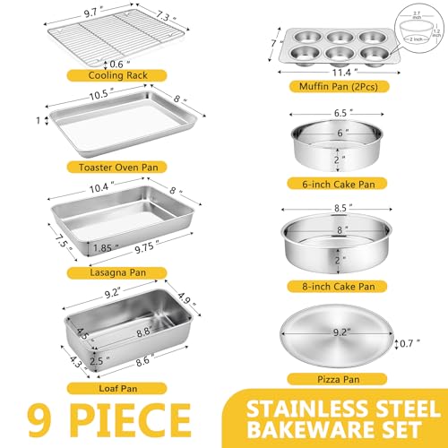 P&P CHEF 9 Pcs Bakeware Set, P&P CHEF Stainless Steel Kitchen Bakeware Pans, Including Toaster Oven Pan/Cooling Rack/Lasagna Pan/Round Cake Pans/Muffin/Loaf/Pizza Pan, Healthy & Durable, Dishwasher Safe - Image 2