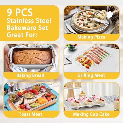 P&P CHEF 9 Pcs Bakeware Set, P&P CHEF Stainless Steel Kitchen Bakeware Pans, Including Toaster Oven Pan/Cooling Rack/Lasagna Pan/Round Cake Pans/Muffin/Loaf/Pizza Pan, Healthy & Durable, Dishwasher Safe - Image 4