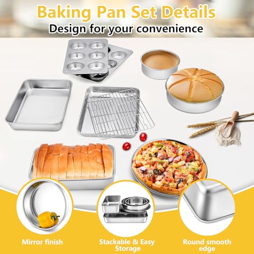 P&P CHEF 9 Pcs Bakeware Set, P&P CHEF Stainless Steel Kitchen Bakeware Pans, Including Toaster Oven Pan/Cooling Rack/Lasagna Pan/Round Cake Pans/Muffin/Loaf/Pizza Pan, Healthy & Durable, Dishwasher Safe - Image 3