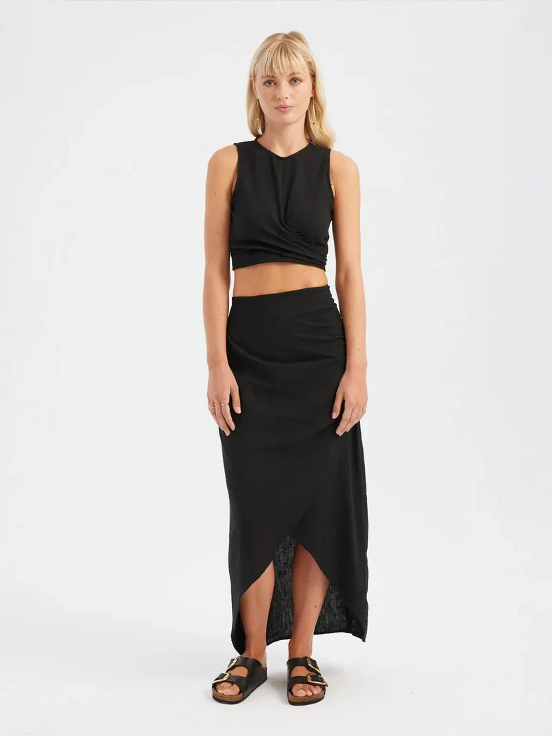 2 Pieces: Crew Neck Ruched Crop Top & High Waist Slit Maxi Skirt