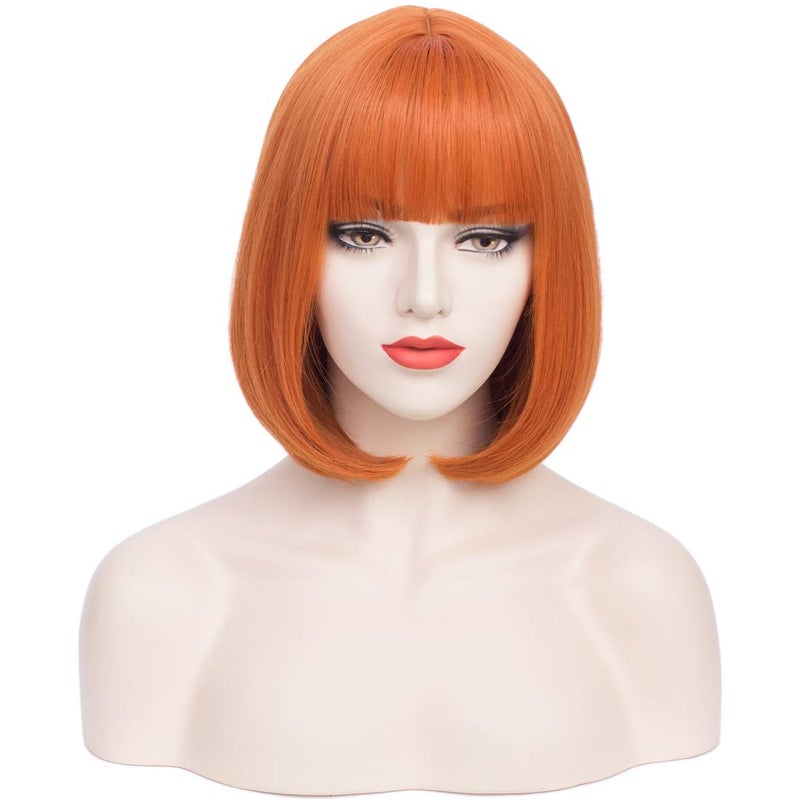 12 Inches Orange Bob Wig Short Orange Wig with Bangs for Women and Girls Heat Resistant Synthetic Bob Wig Orange