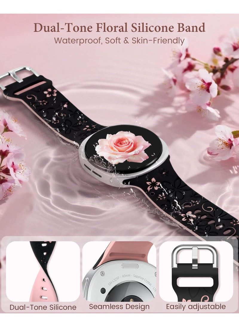 Flower Engraved Strap For Samsung Galaxy Watch 8 40mm 44mm/Galaxy Watch 8 Classic 46mm Band Women,No Gap Soft Cute Floral Silicone Two-Tone Wristband - Image 5