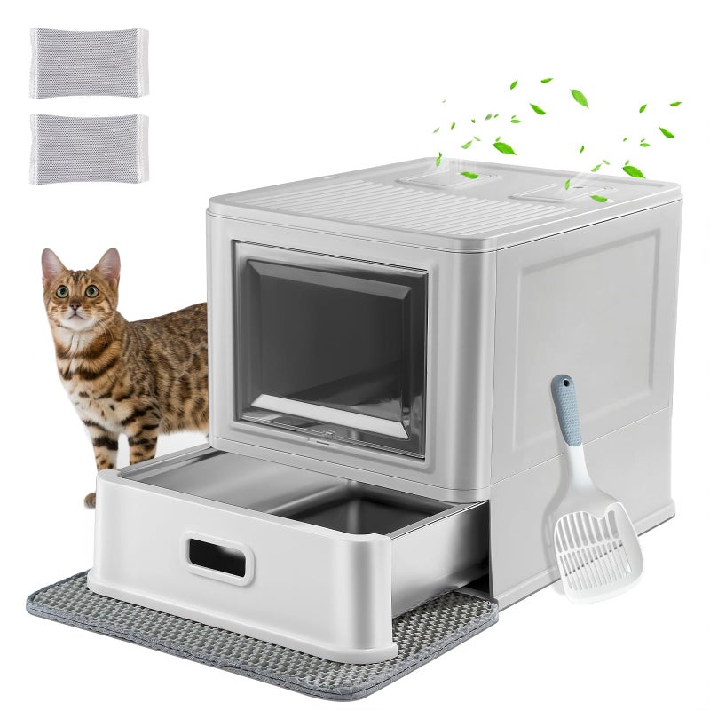 Marchul Enclosed Stainless Steel Cat Litter Box with Lid & Drawer Design for Indoor All Lifestyles Cats, Metal Covered Cat Litter Box, Baffles for Anti-Leakag, with Litter Scoop & Litter Mat - Image 1