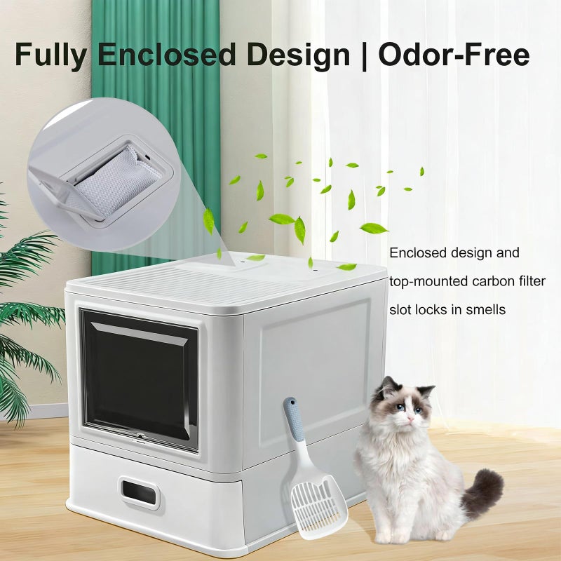 Marchul Enclosed Stainless Steel Cat Litter Box with Lid & Drawer Design for Indoor All Lifestyles Cats, Metal Covered Cat Litter Box, Baffles for Anti-Leakag, with Litter Scoop & Litter Mat - Image 3