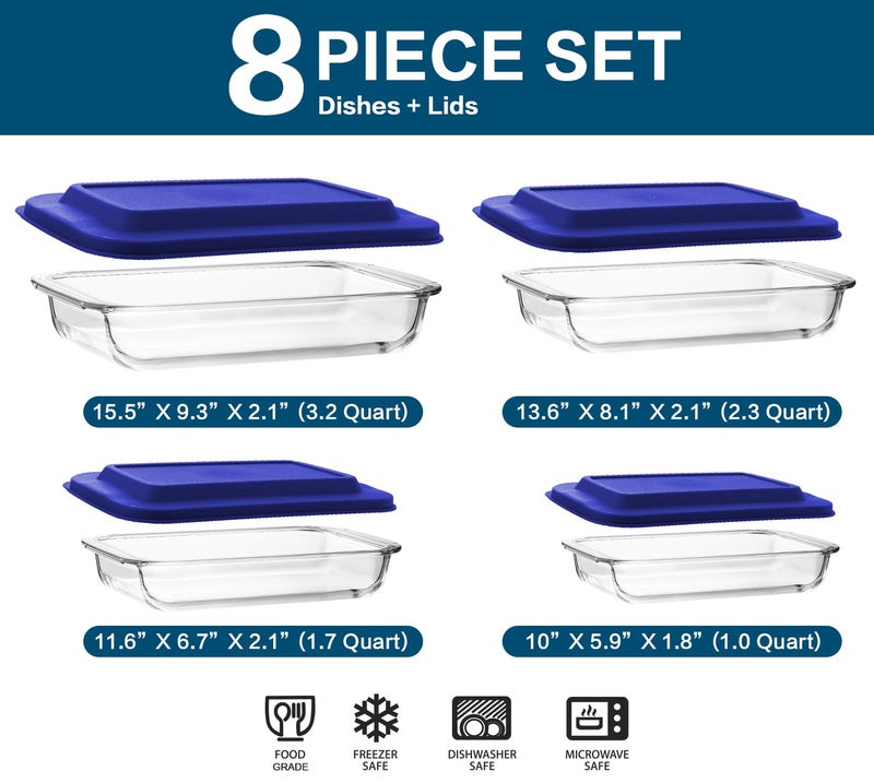 M MCIRCO 8-Piece Deep Glass Baking Dish Set with Plastic lids,Rectangular Glass Bakeware Set with Lids, Baking Pans for Lasagna, Leftovers, Cooking, Kitchen, Freezer-to-Oven and Dishwasher, Blue - Image 2