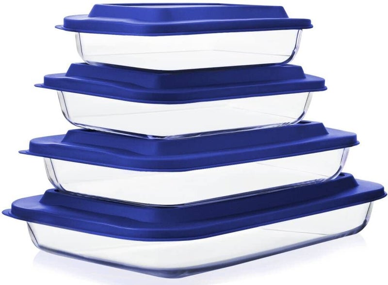 M MCIRCO 8-Piece Deep Glass Baking Dish Set with Plastic lids,Rectangular Glass Bakeware Set with Lids, Baking Pans for Lasagna, Leftovers, Cooking, Kitchen, Freezer-to-Oven and Dishwasher, Blue - Image 1