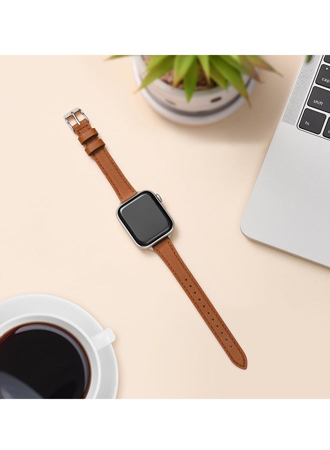 أحزمة جلدية رفيعة متوافقة مع ساعة Apple Watch Band 38 مم 40 مم 41 مم 42 مم Series 11 10 أحزمة ساعة رفيعة من الجلد عالي الجودة لـ iWatch SE 9 8 7 6 5 4 3 2 1 للارتداء اليومي والمناسبات الرسمية والنزهات غير الرسمية، بني فضي لامع - Image 4