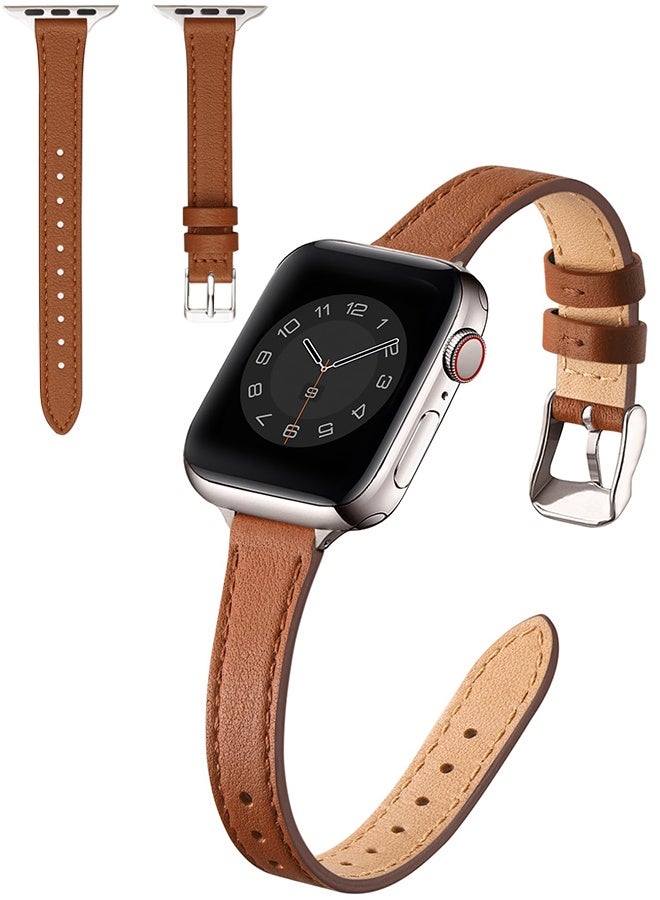 أحزمة جلدية رفيعة متوافقة مع ساعة Apple Watch Band 38 مم 40 مم 41 مم 42 مم Series 11 10 أحزمة ساعة رفيعة من الجلد عالي الجودة لـ iWatch SE 9 8 7 6 5 4 3 2 1 للارتداء اليومي والمناسبات الرسمية والنزهات غير الرسمية، بني فضي لامع - Image 1