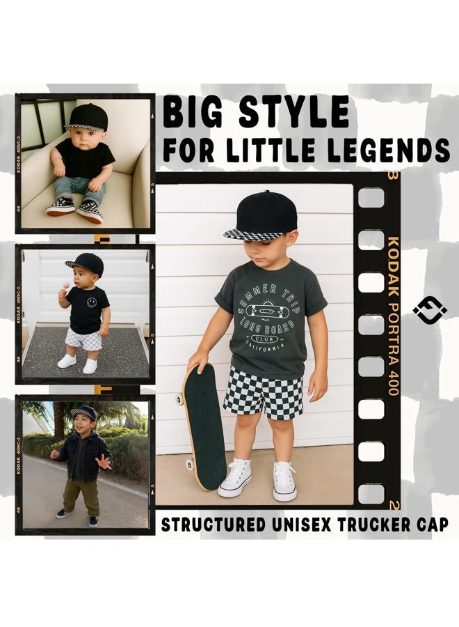 Funky Junque Kids Baseball Hat Girl Boy Toddler Infant Flat Brim Trucker Hat Youth Sun Beach Cap Summer Mesh, Checker Brim - Black, 12-24 Months - Image 2