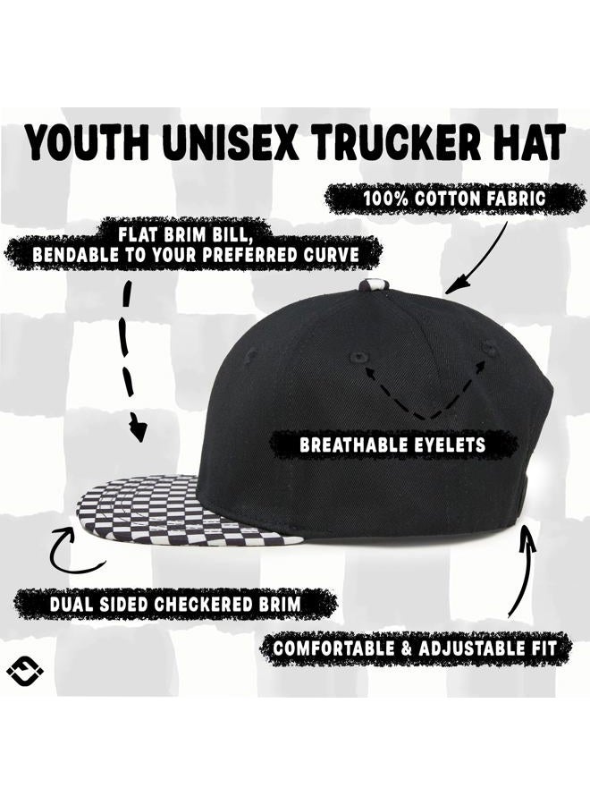 Funky Junque Kids Baseball Hat Girl Boy Toddler Infant Flat Brim Trucker Hat Youth Sun Beach Cap Summer Mesh, Checker Brim - Black, 12-24 Months - Image 4