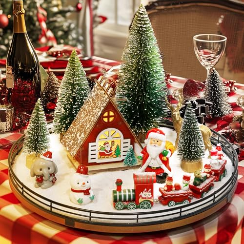 AMH 12 PCS Christmas Town Village Sets 13 Oak Wood Lazy Susan for Table Top Centerpiece decor for Table Xmas House Decorations Trees Snowman Elephant Santa Claus Reindeer Train for Festive Decor - Image 1