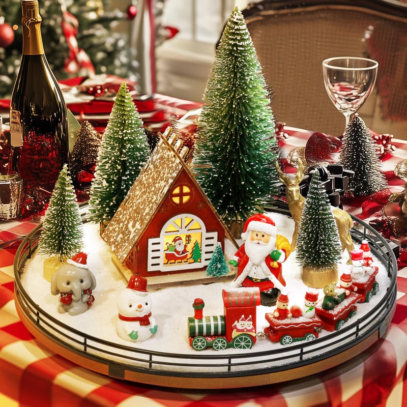 AMH 12 PCS Christmas Town Village Sets 13 Oak Wood Lazy Susan for Table Top Centerpiece decor for Table Xmas House Decorations Trees Snowman Elephant Santa Claus Reindeer Train for Festive Decor - Image 2