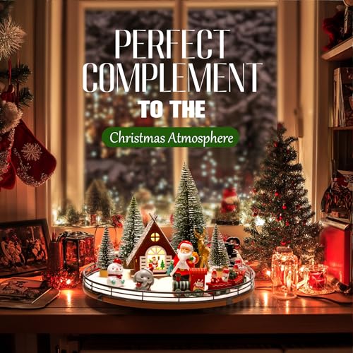 AMH 12 PCS Christmas Town Village Sets 13 Oak Wood Lazy Susan for Table Top Centerpiece decor for Table Xmas House Decorations Trees Snowman Elephant Santa Claus Reindeer Train for Festive Decor - Image 3