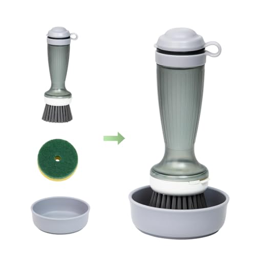 CQT Dish Brush with Soap Dispenser for Dishes, Kitchen Sink, Pot, Pan Scrubbing, 1 Brush 2 Refills - Image 2