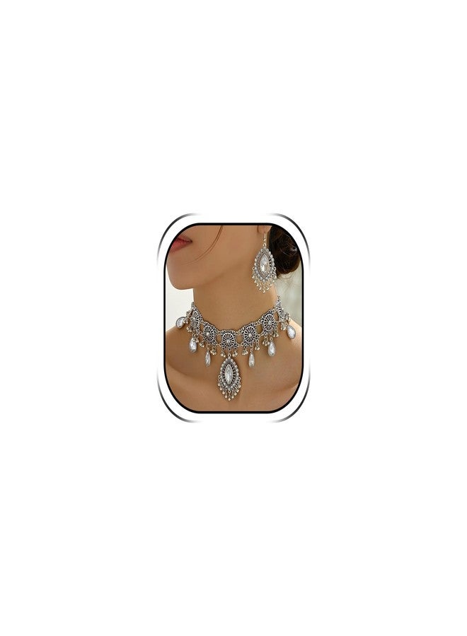 YANCHUN Indian Jewelry Set for Women Oxidized Temple Jewelry Indian Set with Necklace and Jhumka Dangling Earrings Wedding Guest Outfits for Women - Image 1