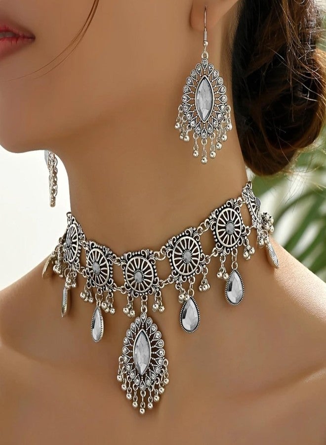 YANCHUN Indian Jewelry Set for Women Oxidized Temple Jewelry Indian Set with Necklace and Jhumka Dangling Earrings Wedding Guest Outfits for Women - Image 2