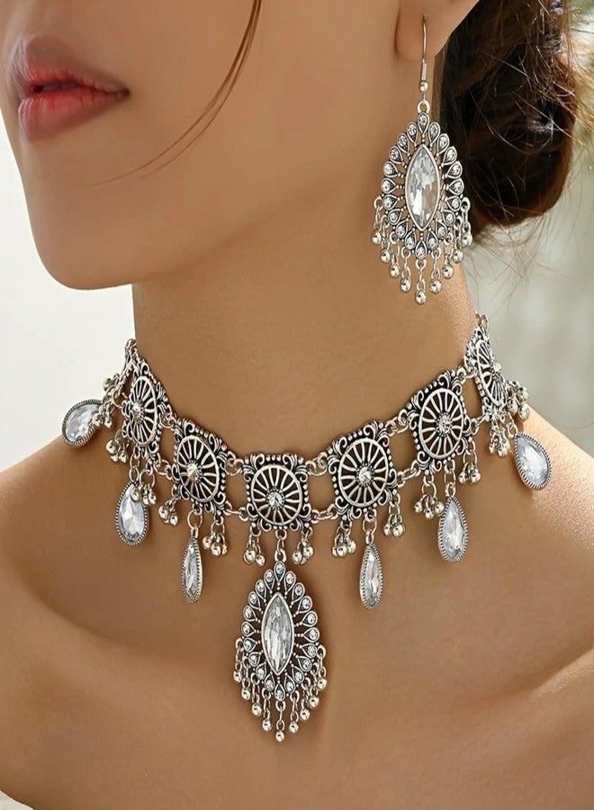 YANCHUN Indian Jewelry Set for Women Oxidized Temple Jewelry Indian Set with Necklace and Jhumka Dangling Earrings Wedding Guest Outfits for Women - Image 3