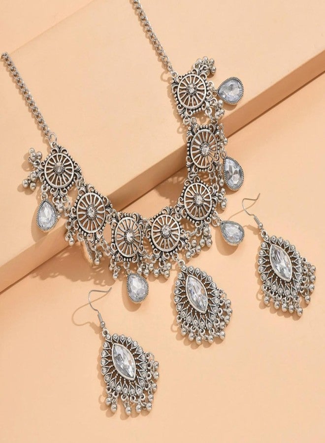 YANCHUN Indian Jewelry Set for Women Oxidized Temple Jewelry Indian Set with Necklace and Jhumka Dangling Earrings Wedding Guest Outfits for Women - Image 5